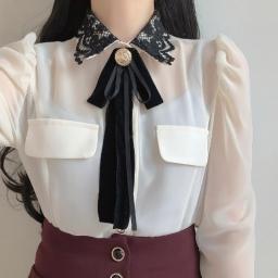 Womens Basic Office Lady Work Wear Sexy Transaprent Cute Bow Tie Top Black Lace Single Breasted Button Solid White Shirts Blouse