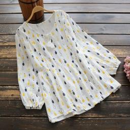 6595 Mori Girl Summer Women Loose Print Blouse Female Cotton O-Neck Nine Quarter Sleeve Shirt Tops