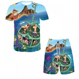 Fashion Disney Phineas And Ferb 3D Printed Women Men T-shirt Sets Kids Casual Breathable Clothing Harajuku Beach Shorts Sets