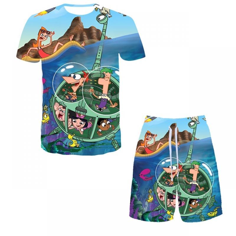 Fashion Disney Phineas And Ferb 3D Printed Women Men T-shirt Sets Kids Casual Breathable Clothing Harajuku Beach Shorts Sets