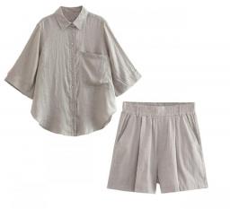 Casual Solid Shirt Shorts Two Piece Set Women Beach Three Quarter Turn-down Collar Button Shirts Wide Leg Elastic Waist Pant