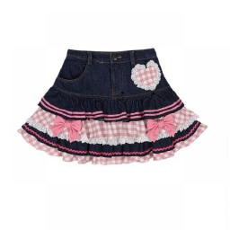 Japanese Sweet Lolita Mini Skirts Ball Gown Women Harajuku Cute Denim Skirt Preppy Style Girls High Waist Kawaii Lace Cake Skirt