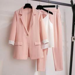 Spring/Summer Fashion Women's Set 2023 New Korean Edition Reduced Age Hanging Strap Slim Coat Casual Pants Three Piece Set