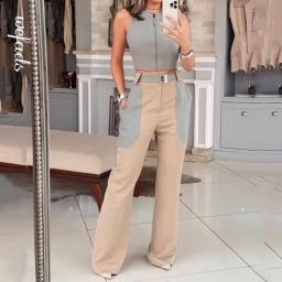 Wefads Women Two Piece Set Fashion Office Round Neck Sleeveless Backless Color Block Top Loose With Pockets Pants Set Streetwear