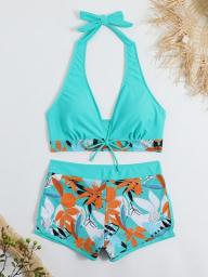 2023 Halter Bikini Set Short Swimsuit Women High Waist Swimwear Female Printed Bathers Swimming Bathing Swim Suit Beachwear