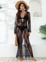 Sexy See-through Lace Sun Protection Coverups Women's Lace-up Cardigan Bikini Cover-ups Summer Sweet Style Embroidered Beachwear