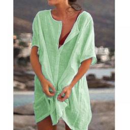 New Women's Cover-ups Cotton Beach Shirt Summer Tops Casual Midi Dresses Fashion Solid Loose Tunics Female Swimwear