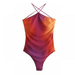 TRAF Women Fashion Summer New Sexy Beach Sling Halter Backless Printed Silk Mesh Top Swimsuit Bikini Female Tops