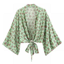 Boho Green Floral Print Summer Cover Ups Rayon Cotton Bow Tie Sashes Bohemian Beach Wear Wrap Kimono Cardigan Tops Women Blusas