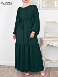 ZANZEA Women Elegant Muslim Shirt Dress Oversized Puff Sleeve Hijab Caftan Islamic Clothing Casual Belted Jilbab Sundress 2023