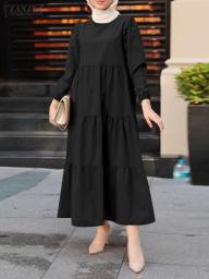 ZANZEA Casual Muslim Dress Women Long Sleeve O-Neck Maxi Vestido Vintage Elegant Solid Color Robe Dubai Turkey Tiered Dresses