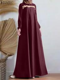 2023 ZANZEA Women Casual Elegant Vintage Robe Elegant Muslim Dress Femme O-Neck Full Sleeve Patchwork Ramadan Sundress Kaftan