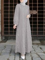 ZANZEA Fashion Lace Crochet Muslim Dress Summer Long Sleeve Dubai Turkey Abaya Hijab Sundress Women Elegant Robe Ramadan Dresses