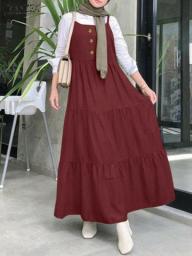 ZANZEA Fashion Sleeveless Muslim Dress Woman Elegant Spaghetti Strap Dresses Casual Party Sundress Vintage Ramadan Dresses 2023