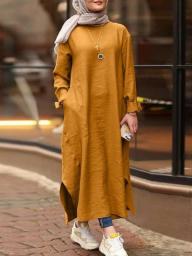 S-5XL Summer Women Dress Solid Women Long Dress Fashion Muslim Long Abaya Loose Long Sleeve Dubai Turkey Hijab Kaftan Dress