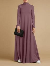 S-5XL Vintage Solid Muslim Dress WomenTurtleneck Sundress Casual Long Sleeve Maxi Vestidos Female Spring Robe