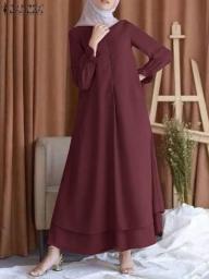ZANZEA Fashion Ruffles Muslim Sundress Woman Dress Long Sleeve Solid Vintage Dubai Robe Elegant Loose Turkey Hijab Dresses