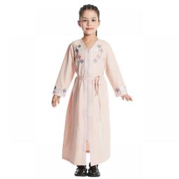 New Muslim Kids Girls Zipper Front Open Abaya Morocco Kaftan Islamic Child Clothes Eid Ramadan Jalabiya Arabic Robe Caftan Dress