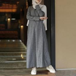 Women Muslim Long Sleeve Robe Cotton Linen Striped Round Neck Long Dress With Pocket Middle East Arab Dubai Loose Casual Clothes