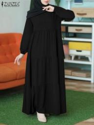2023 ZANZEA Solid Color Muslim Dress Women Elegant Layered Chic Robe Longue Fashion Party Dubai Abaya Turkey Hijab Loose Dresses