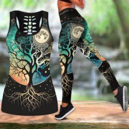 Summer Fashion Women's Sport Yoga Suit Tree Of Life Moon Print Sleeveless Vest Tank Top Leggings Sportswear Yoga Set XS-8XL