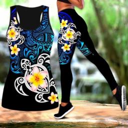Polynesian Tattoo Turtle Combo Tank Legging Yoga Pants And Hollow Tank Womens Sport Vest Suits Leisure Suit XS-8XL