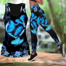 3D Butterfly Flower Print Yoga Sleeveless Shirt Tank Tops For Women Yoga Leggings Sports Wear Suit XS-8XL