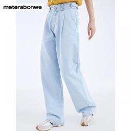Metersbonwe Women  Flare Jeans Fashion 100 Cottom  Denim Wide-Leg Pants Ladies Trousers Double Loop High Waist Daddy Jeans Brand