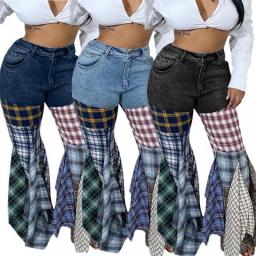 5 PCS Wholesale Women Jeans Casual Plaid Patchwork Cowboy Pants Fashion Ladies Denim Trousers Retro Ruffles Flare Leggings 9115