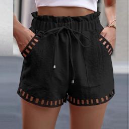2023 Summer Lace Hollow Out Shorts Casual Ruffle Drawstring Elastic Waist Multi Color Shorts Fashion Women Pocket Beach Shorts
