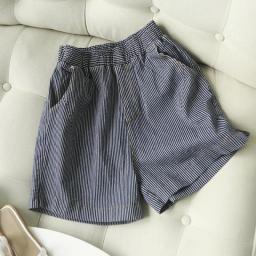 New 2023 Summer Arts Style Women Elastic Waist Stripe Cotton Denim Shorts All-matched Casual Loose Wide Leg Hot Pants P115