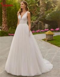 Classic V-neck Lace Backless Tulle Wedding Dresses Sleeveless Floor-Length 2023 Bridal Ball Gown Vestido De Noiva Custom ZL68