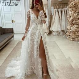 TIXLEAR Elegant Wedding Dress V-Neck Long Sleeves Lace Applique Backless Tulle Bridal Gown A-Line Sweep Train Vestidos De Novia