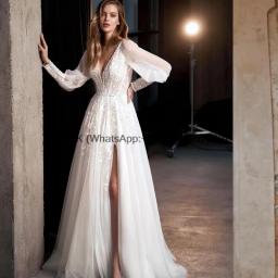 Long Puff Sleeve Tulle Wedding Dress Side Slit A-Line Floor Length Lace Beach Backless Custom Made Ivory Bridal Gowns