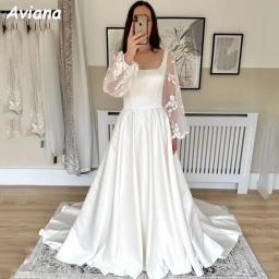 Aviana Square Neck Satin A Line Wedding Dresses Wide Straps Backless Birde Gown Long Puff Sleeves Elegant Women Bridal Dress