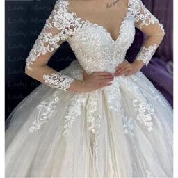Gorgeous Lace Wedding Dresses Long Sleeves Princess Bridal Gowns O Neck Lacing Up Back Vestidos De Novia Dubai Marriage