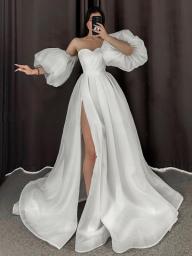 Ivory Sweetheart Wedding Dresses A-Line Side Split Sexy Bride Dress Puff Sleeves Lace Up Dresses For Women 2023 Robe De Mariee