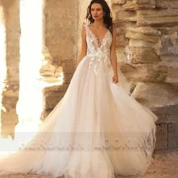 HERBURNL Customized V-neck Floor-length Backless Wedding Gown 2022 Elegant Bride Lace Appliques Sleeveless Vestidos De Novia