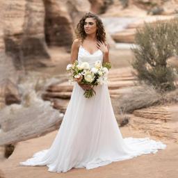 Msikoods Boho Wedding Dresses 2023 V Neck Spathetti Straps A Line Lace Bride Dresses Long Train Chiffon Wedding Gowns