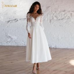 TIXLEAR V-Neck Tea-Length Wedding Dresses Women Elegant Floral Print Bridal Gowns A-Line Long Sleeves Illusion Vestido De Novia