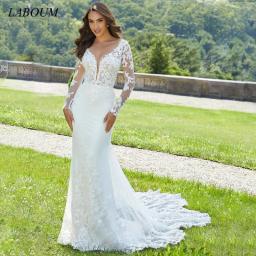 Laboum Wedding Dresses V-Neck Longsleeves Sheath Lace Tulle Appliques Court Train Illusion Back Charming Vestidos De Novia