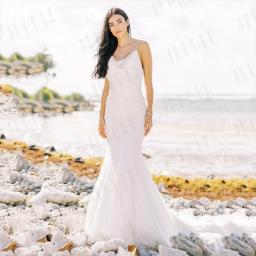 JEHETH Beach Sexy Wedding Dresses Mermaid Sequin Beading Backless Bridal Gowns Exquisite V-Neck Spaghetti Straps Robe De Mariée