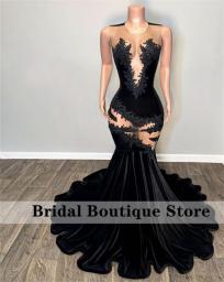 Sexy Black Lace Appliques Mermaid Black Girl Prom Dress 2023 Velvet Beads Sheer Mesh Graduation Party Gowns Robe De Bal