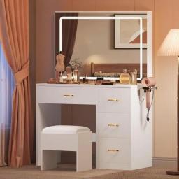 Vanity Set 4 Drawer Vanity Table With Cushioned Stool Nightstands Milky-White 3 Color Lighting Modes With Adjustable Brightness