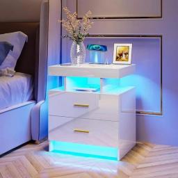 Bedside Table Floating Nightstand With 3 Color & Adjustable Brightness Embedded LED Light Strip Bed Desk 2 Drawers Bedroom Chest