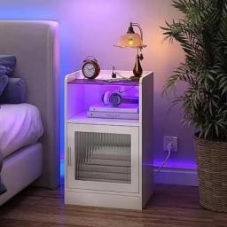 Nightstand With Power Outlet And LED Light, Side End Table With Storage Cabinet, Modern Bedside Table For Bedroom, Living Room