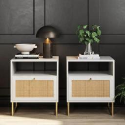 Rattan Wood End Side Accent Table Nightstand With Storage, 1, White/Gold