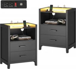 Set Of 2 Nightstands With LED Lights And Charging Station, End Side Table With 2 Drawers And Open Storage