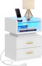 LED Nightstand With Charging Station, Night Stand With Glass Top, Modern Bedside Tables With 2 Drawers For Bedroom.