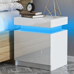 LED Nightstand White Nightstand With Led Lights Modern Night Stand With 2 High Gloss Drawers Led Bedside Table Smart Nigh